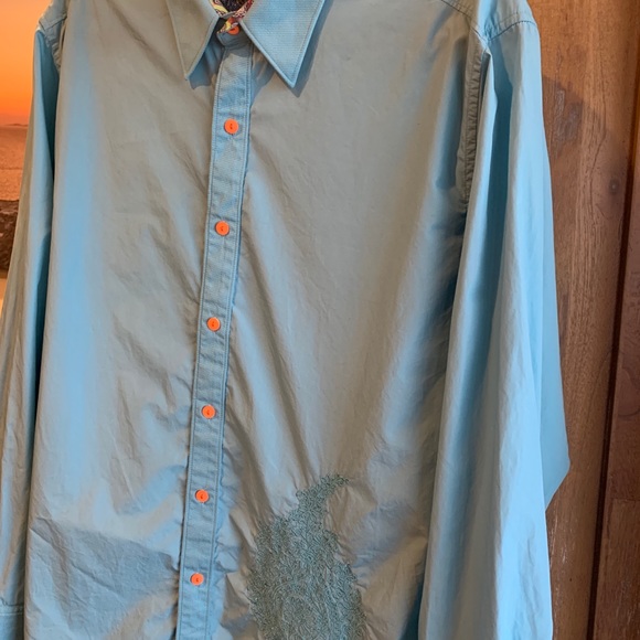 Robert Graham Aqua Button Down Shirt with Multicolor Collar - Picture 4 of 5